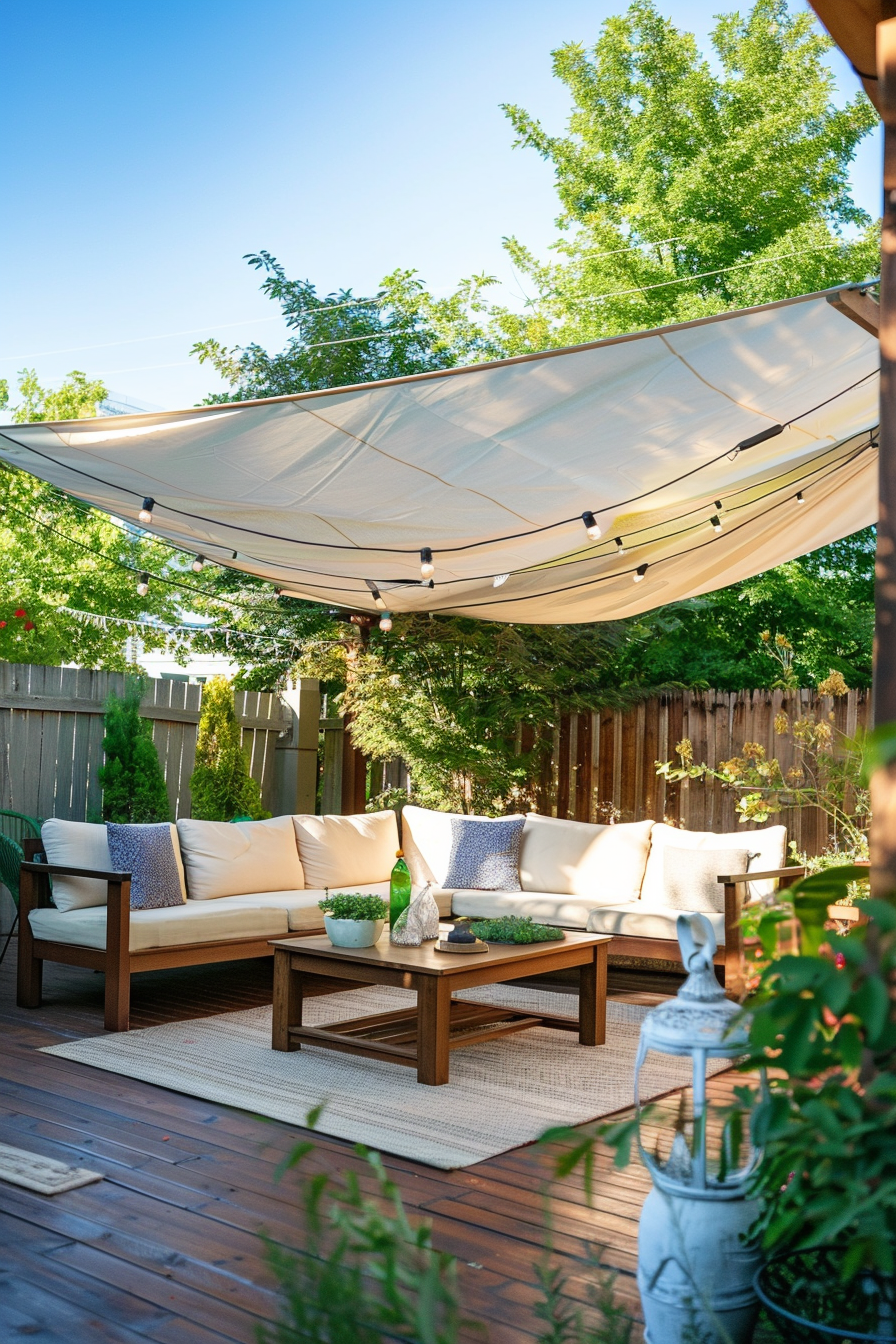 Cozy backyard patio with a beige sofa set under a shade sail and string lights, surrounded by greenery on a sunny day.