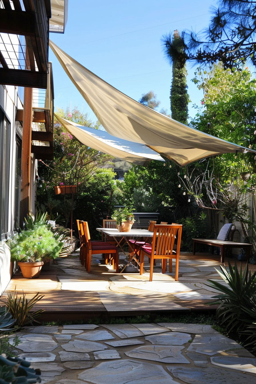 A cozy backyard patio with wooden dining furniture, shade sails, plants in pots, and stone paving, bathed in sunlight.
