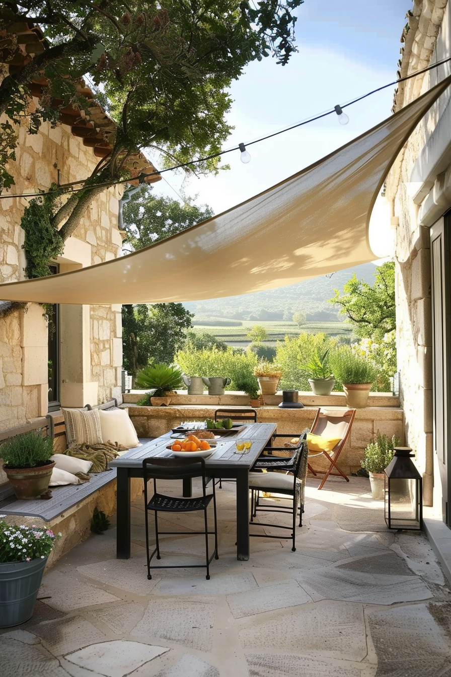 Outdoor patio dining area with a shade sail, string lights, and a scenic view of greenery.