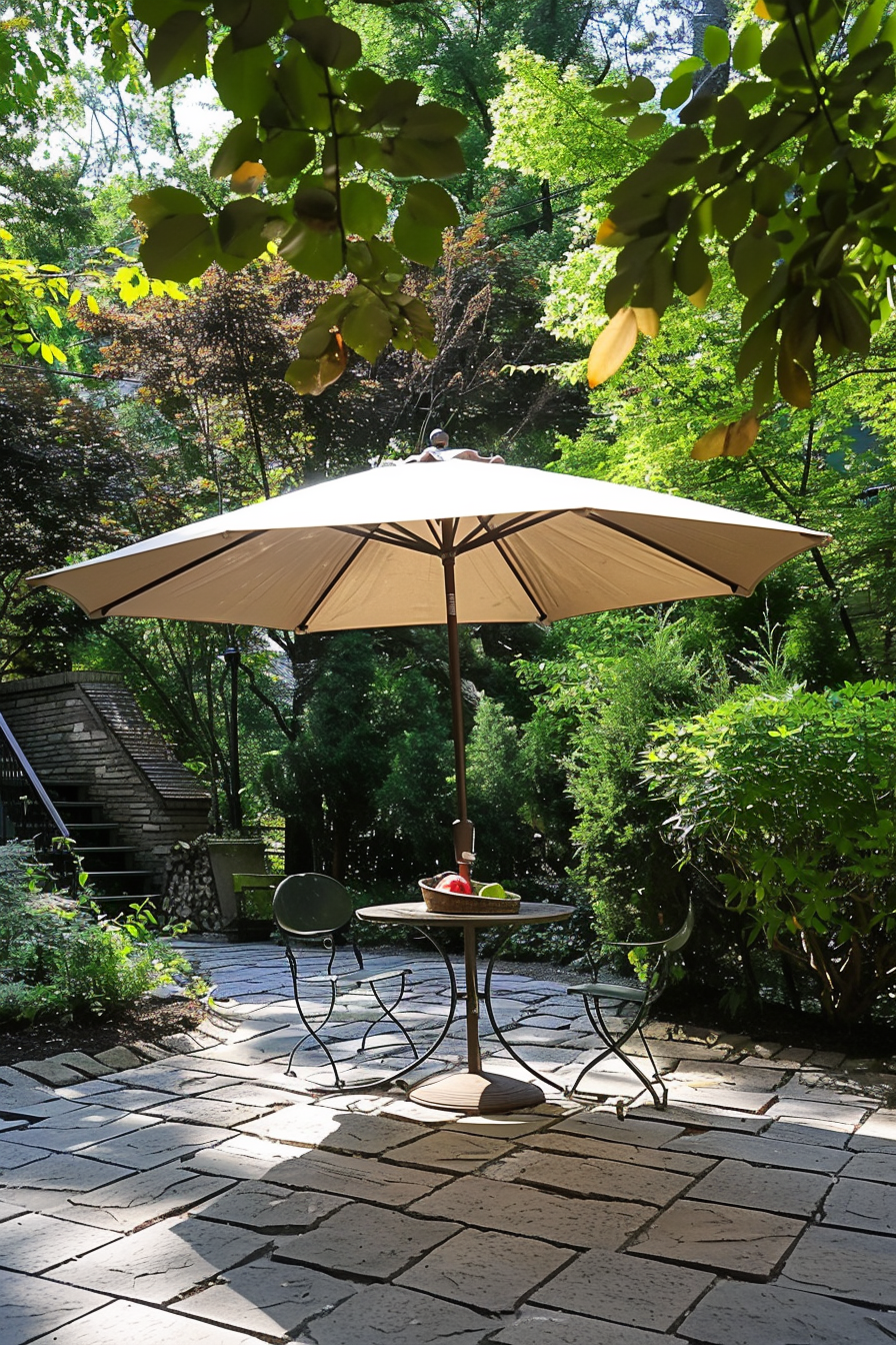 ALT: Cozy outdoor patio with a large umbrella, round table with a fruit basket, and metal chairs surrounded by lush greenery and stone tiles.