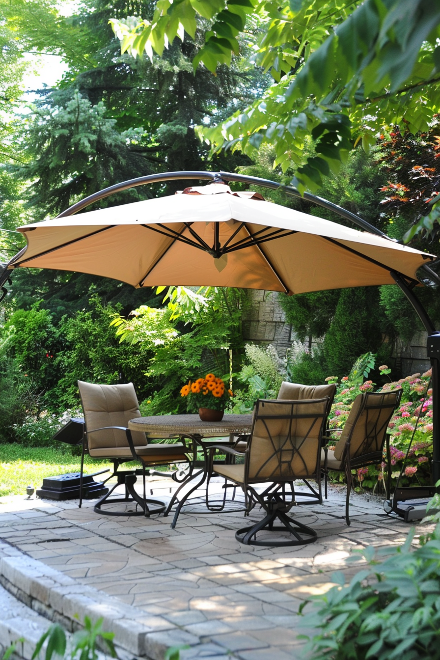 A tranquil garden patio with a beige umbrella, a table and chairs, surrounded by lush greenery and flowers.