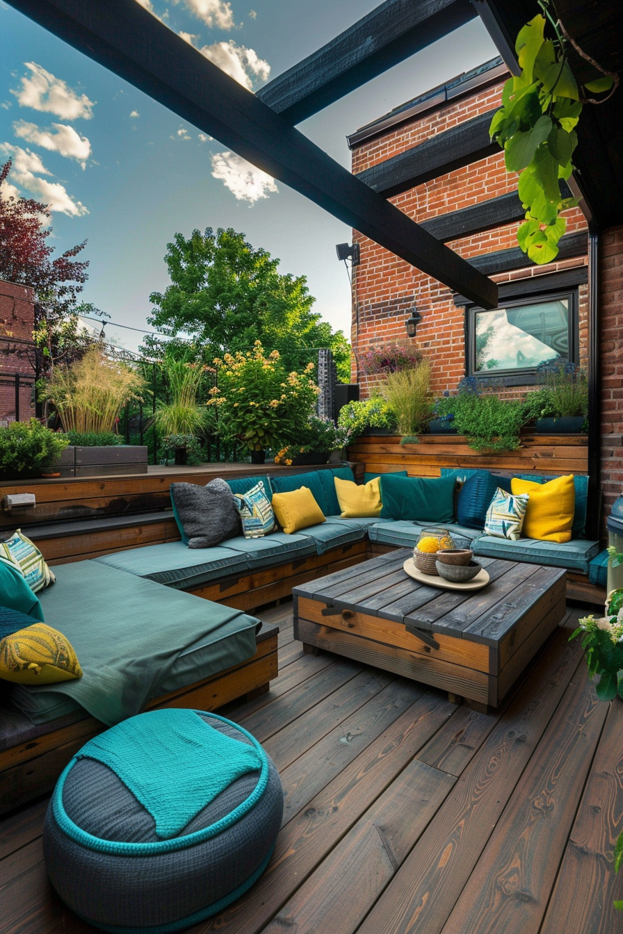 A cozy outdoor terrace with wooden flooring, built-in seating with teal and yellow cushions, and surrounding greenery against a brick building.
