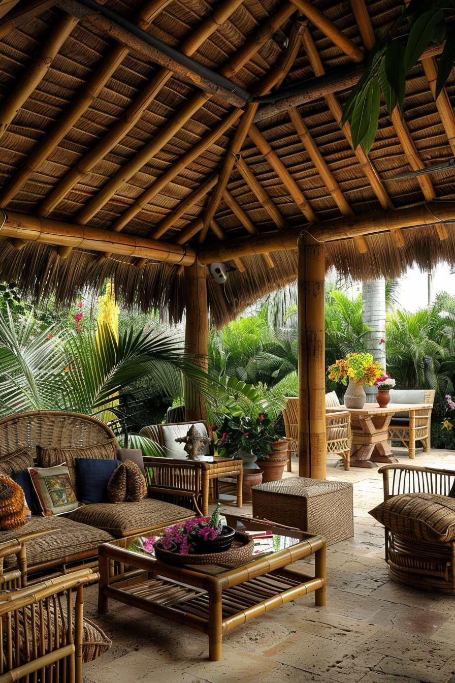 A cozy outdoor patio with wicker furniture, tropical plants, and a thatched roof, evoking a serene, natural ambiance.
