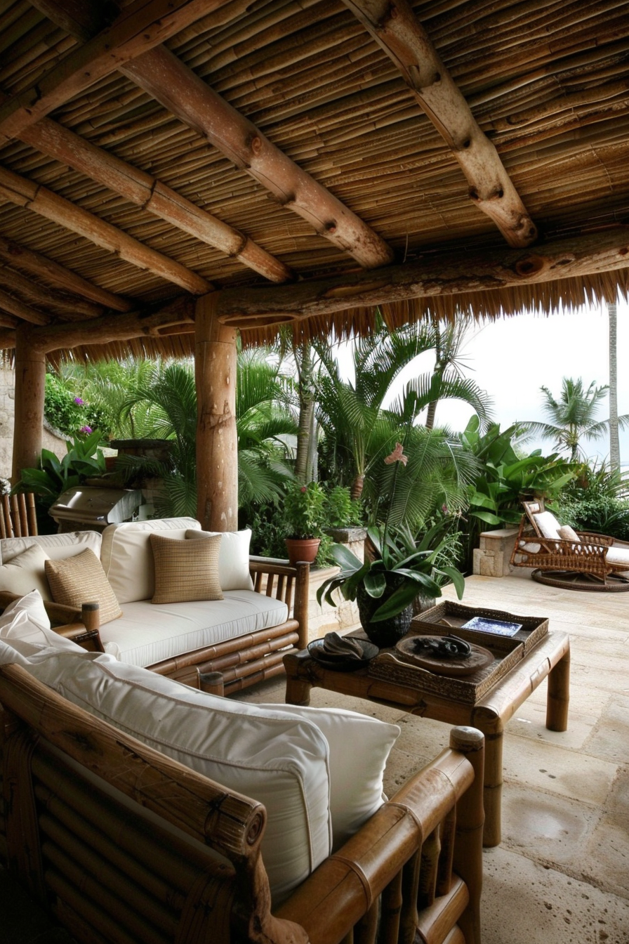 A cozy open-air lounge with bamboo furniture and a thatched roof overlooking tropical greenery and a glimpse of the ocean.