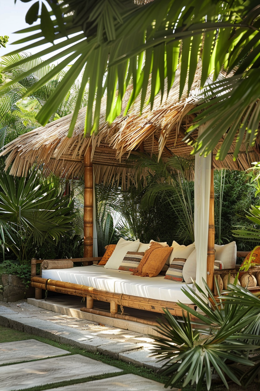 A tranquil outdoor daybed with pillows under a thatched roof surrounded by lush tropical plants.