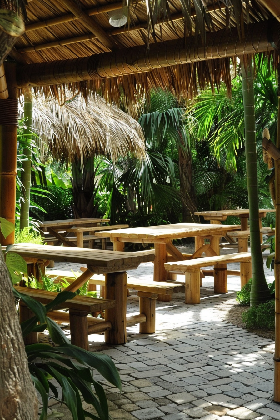 Wooden benches and tables under a thatched roof pavilion in a lush green tropical garden setting.