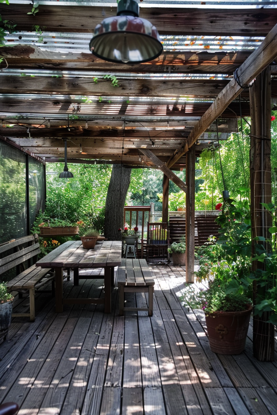 Rustic wooden porch with benches, a table, hanging plants, and a pendant light, surrounded by greenery.