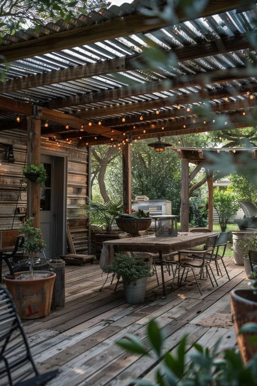 Cozy outdoor patio with string lights, wooden dining table and chairs, surrounded by greenery and trees.