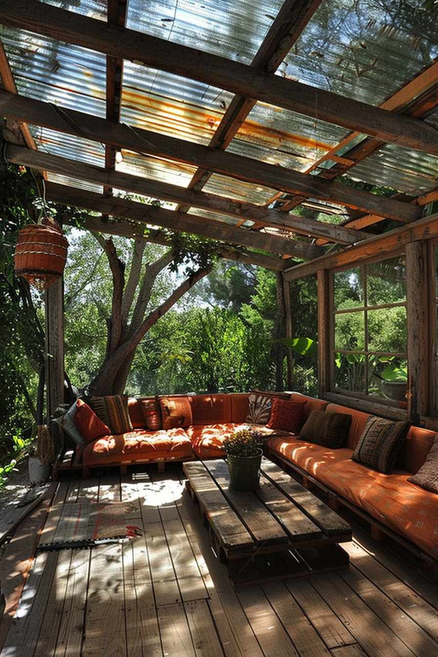 A cozy outdoor seating area with a rustic wood couch, cushions, a pallet table, under a translucent roof amid lush greenery.