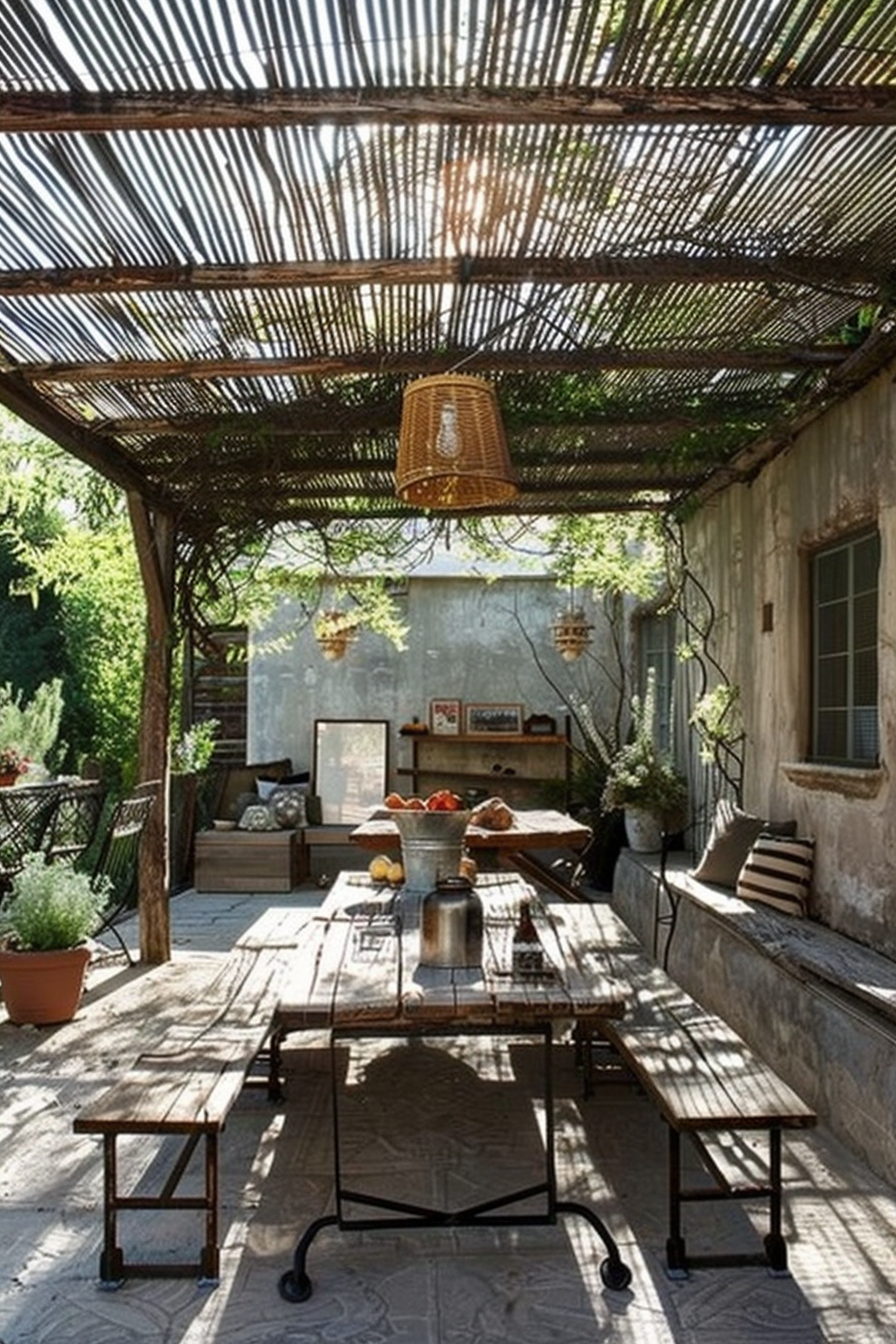 Rustic outdoor patio area with wooden dining table and benches under a pergola, surrounded by potted plants and hanging lamps.