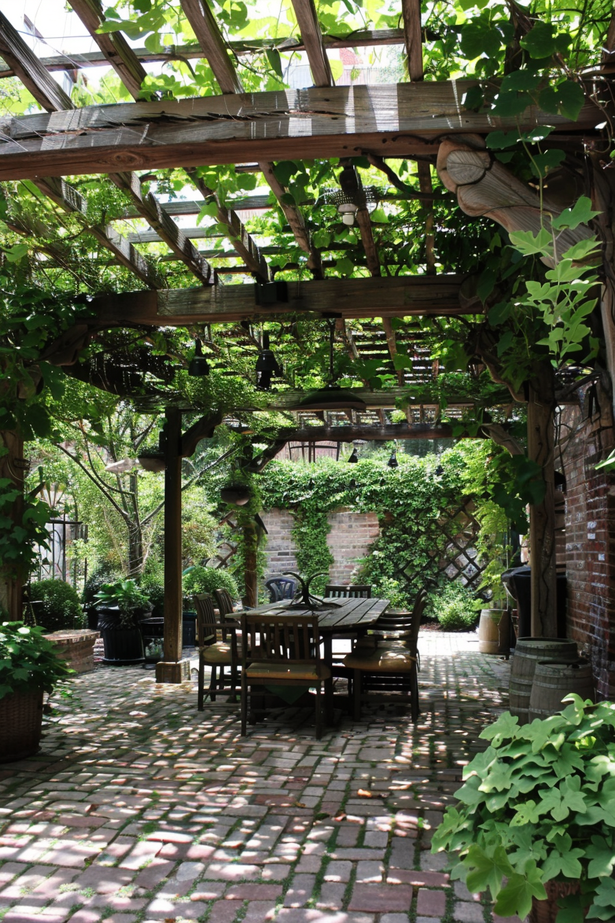 Cozy garden patio with wooden pergola overgrown with green vines, brick floor, and outdoor furniture set.