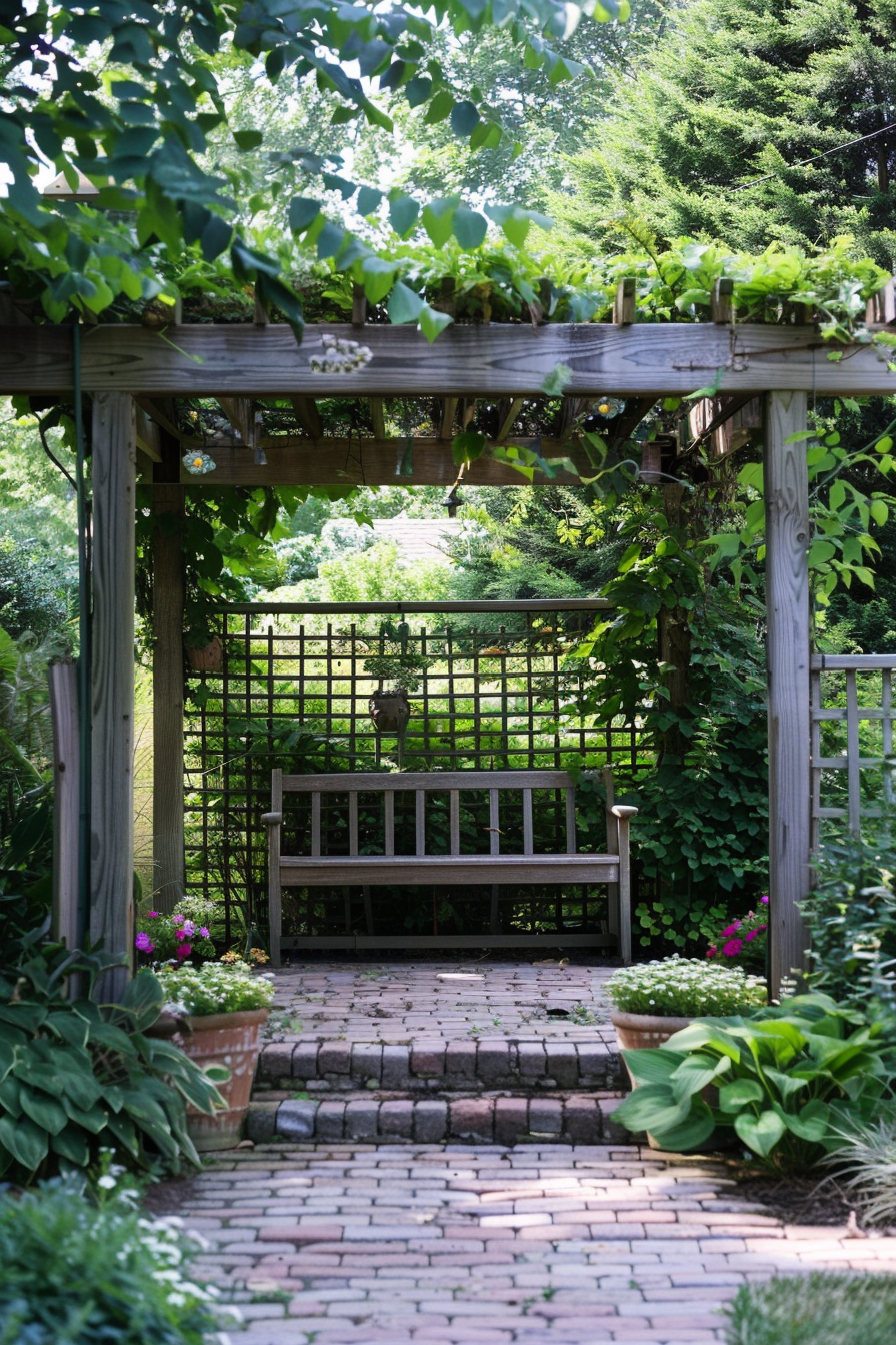 "A serene garden with a wooden pergola over a bench, surrounded by lush greenery and a brick pathway."