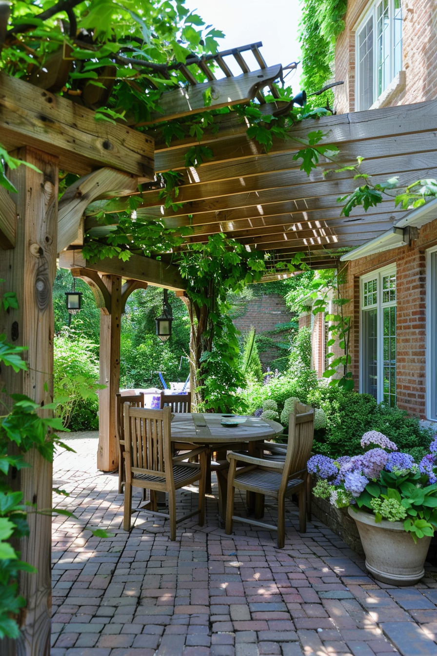 Wooden patio furniture under a pergola with climbing plants and hanging lanterns, alongside potted hydrangeas and a brick house.