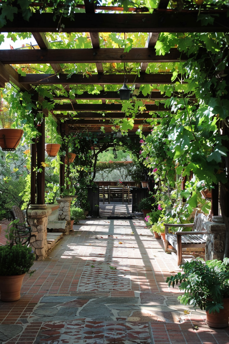 A tranquil garden pergola with grapevines overhead, potted plants, stone pillars, and a patterned walkway leading to a gate.