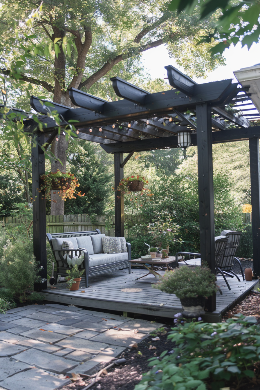 ALT text: "Cozy backyard patio with a sofa and chairs under a black pergola, adorned with hanging plants and string lights, surrounded by greenery."