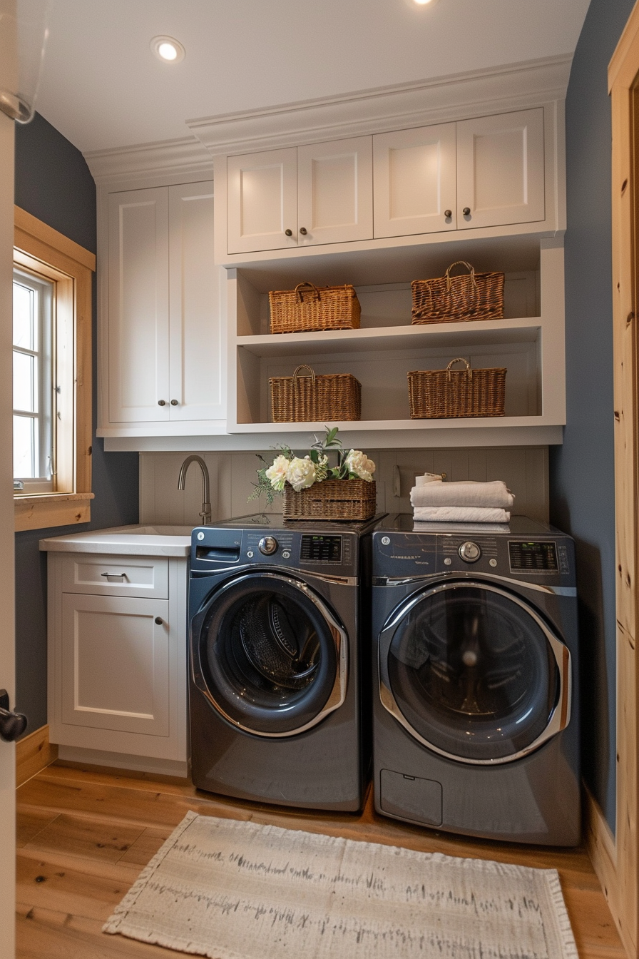 Elegant laundry room with modern gray appliances, white cabinetry, wicker baskets, and decorative flowers above washer and dryer.