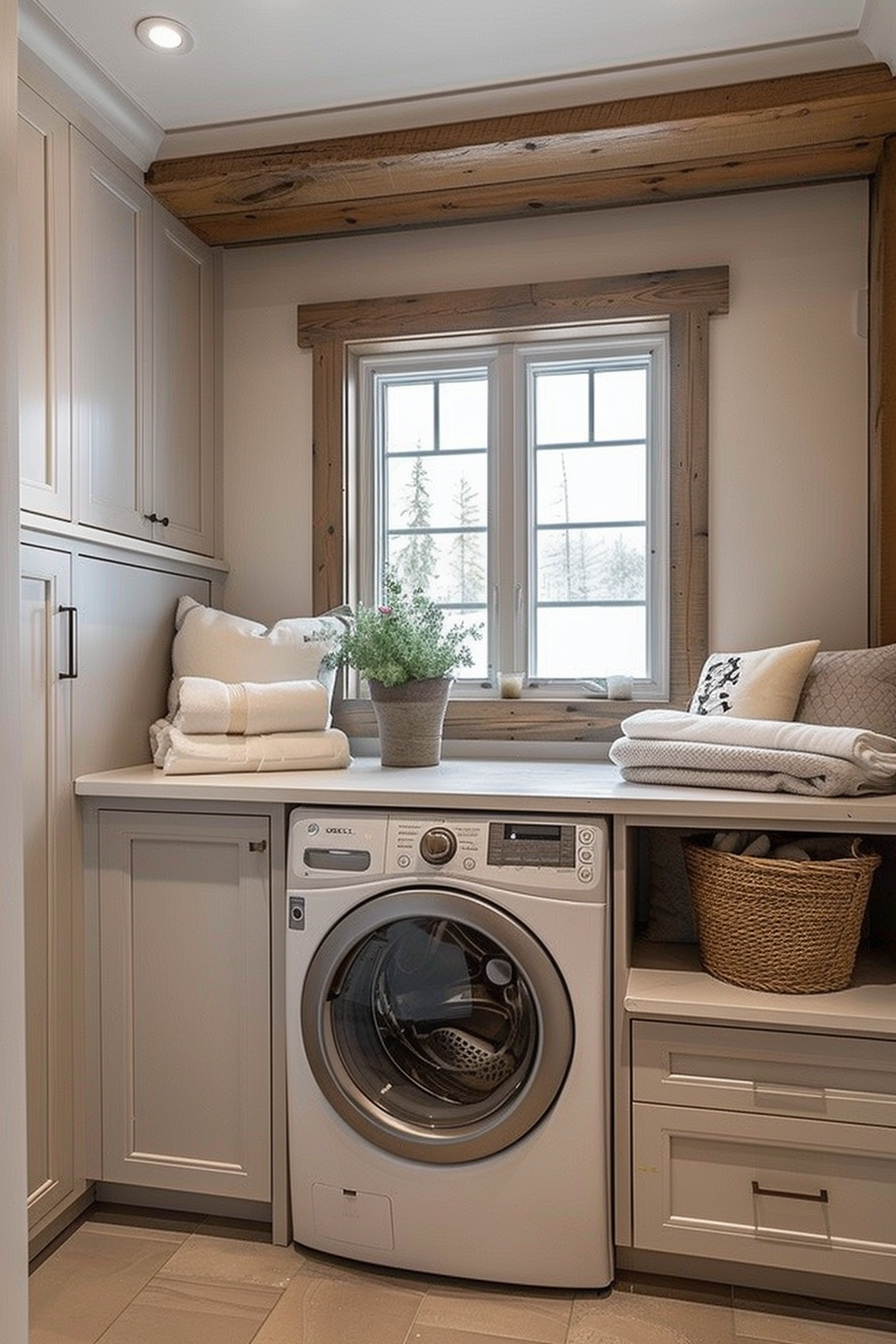 Cozy laundry room with a washing machine, beige cabinetry, wood accents, and a window view of snowy trees.