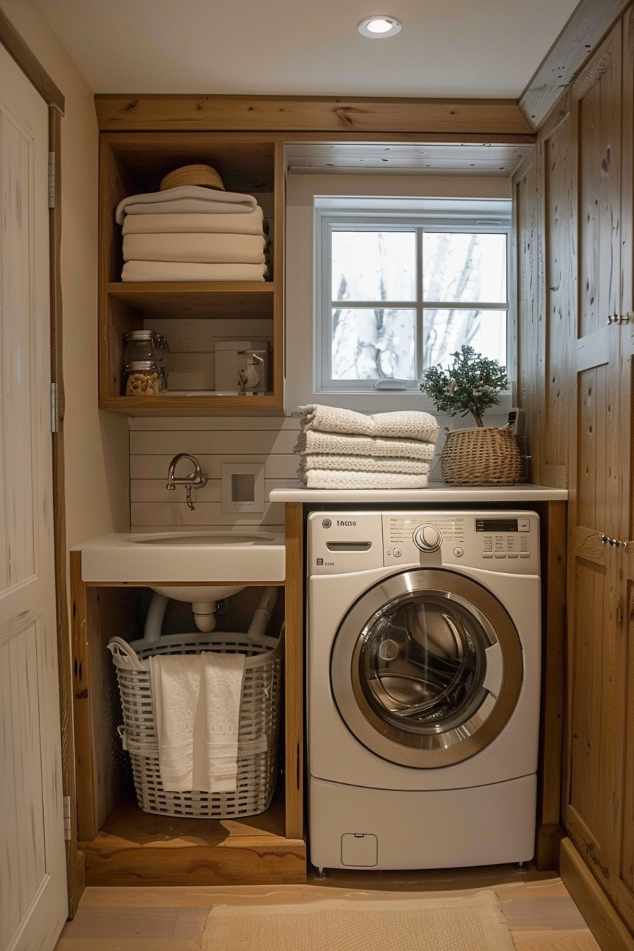 A cozy laundry nook with wooden cabinetry, washing machine, and a sink under a window, with neatly folded towels and a wicker basket.