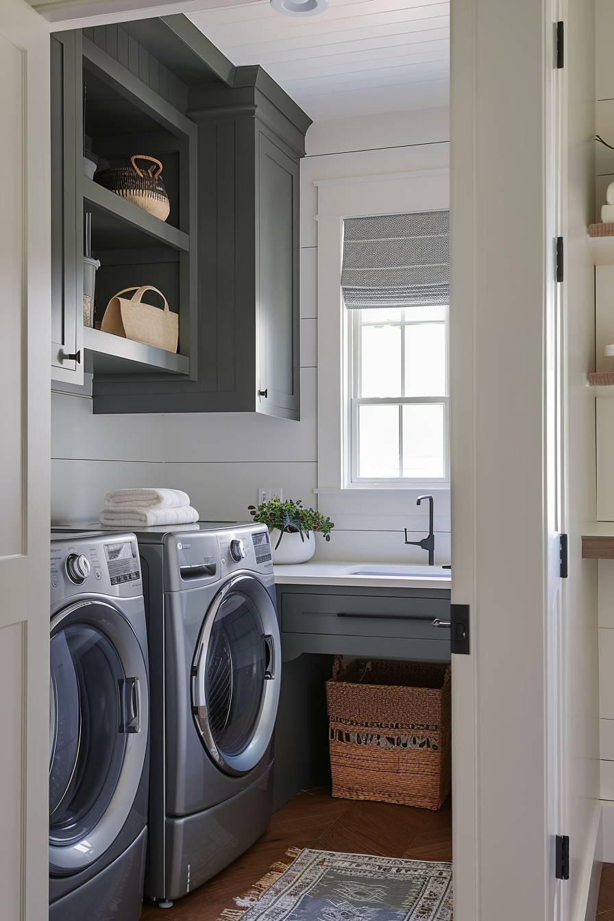 Modern laundry room with a washer and dryer, sink, storage cabinets, and a woven basket.