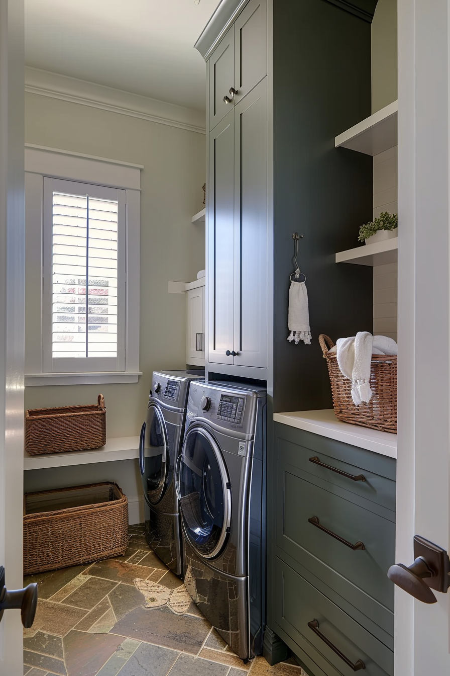 A modern laundry room with a front-loading washer and dryer, green cabinetry, a stone floor, and shelves with baskets.