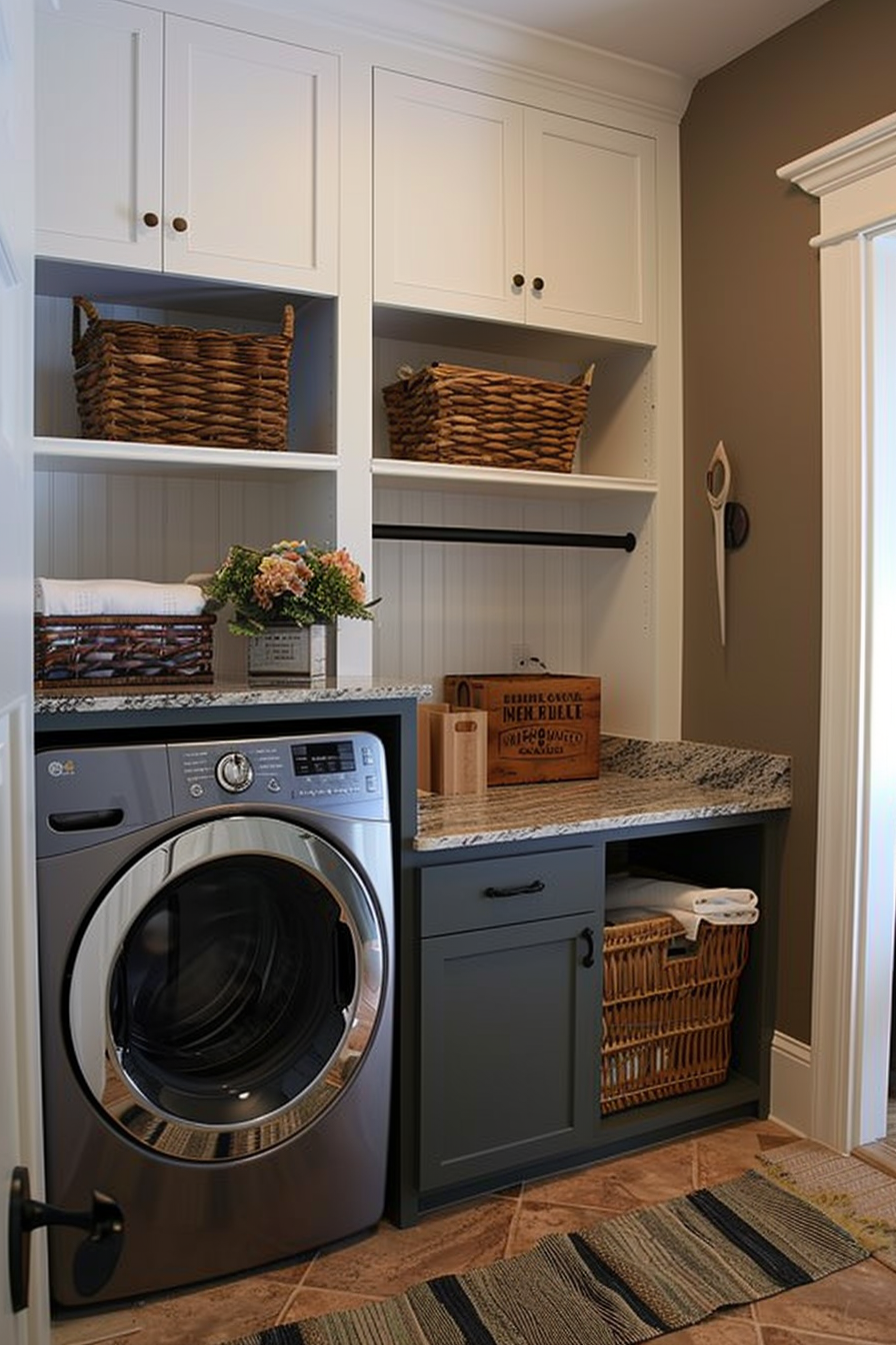 A modern laundry room with white cabinets, wicker baskets, a front-loading washer, and a granite countertop.