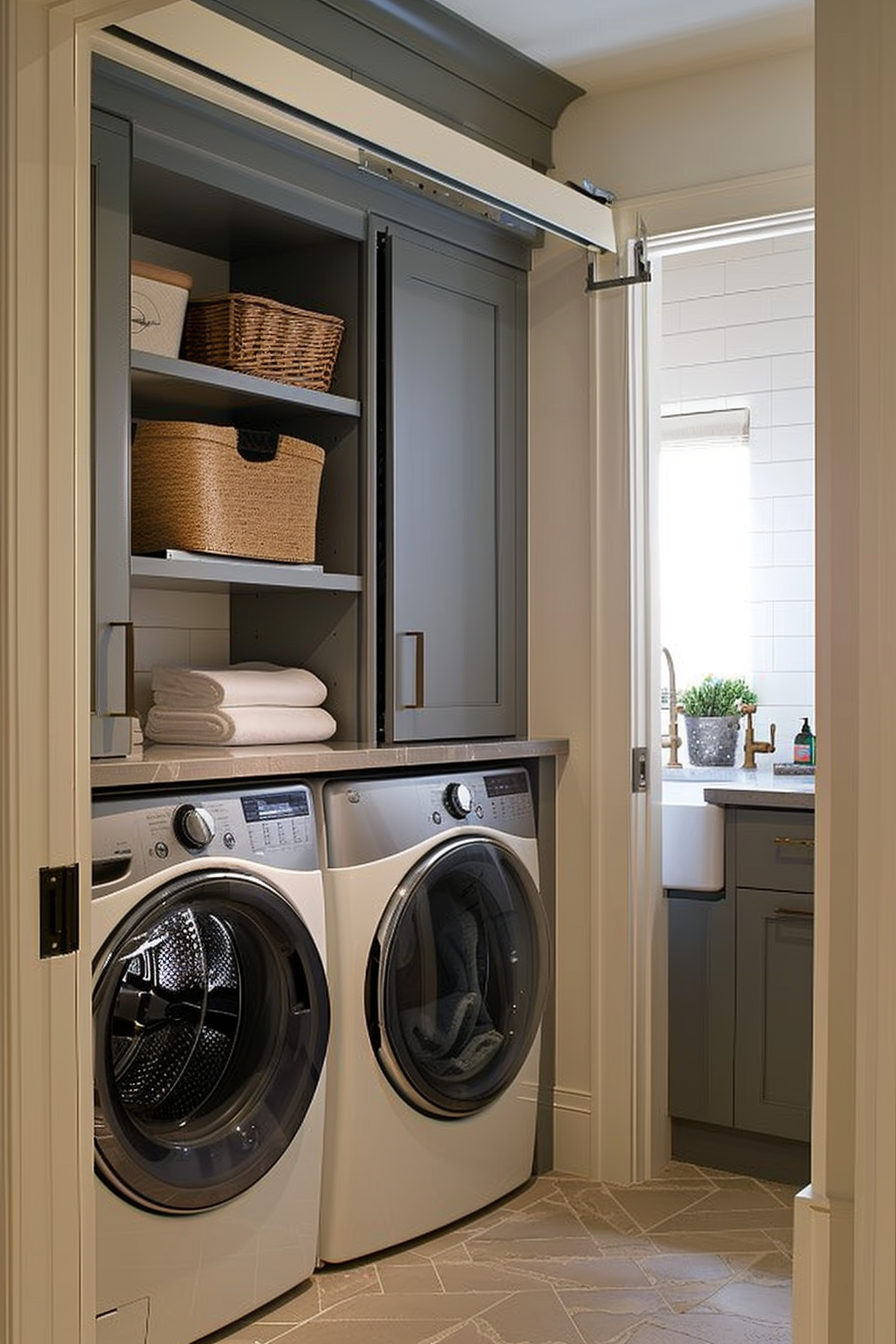 Modern laundry room with washer and dryer, open shelving, and a small window letting in natural light.