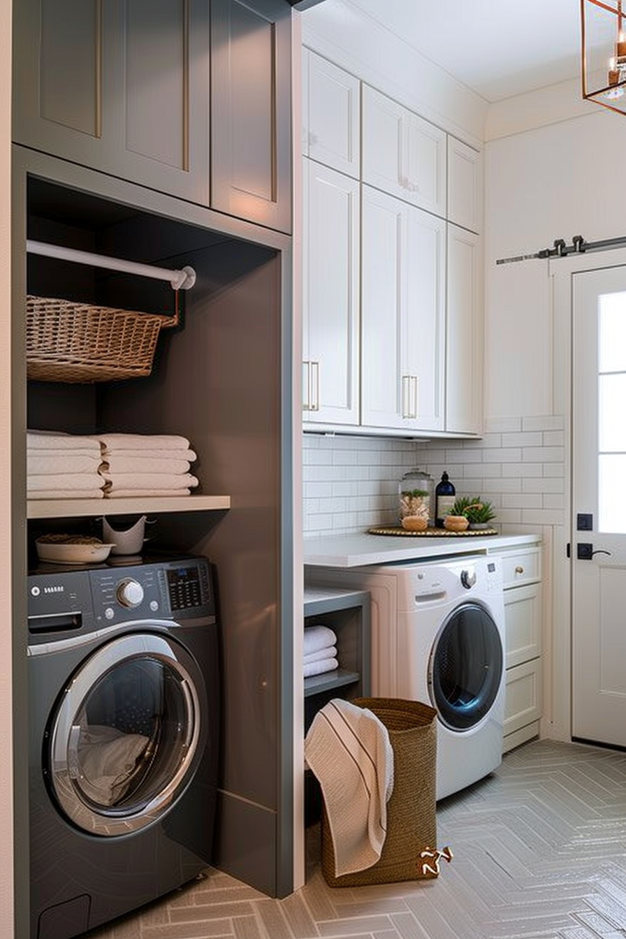 Modern laundry room with stacked washer and dryer, white cabinetry, and open shelving with baskets and linens.