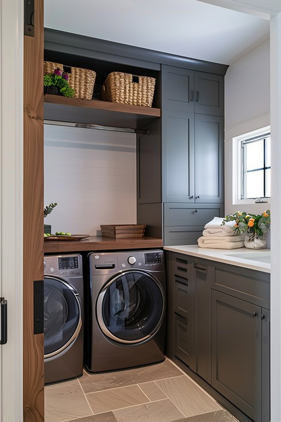 Modern laundry room with gray cabinets, washing machine and dryer, wicker baskets on a shelf, and a window letting in natural light.