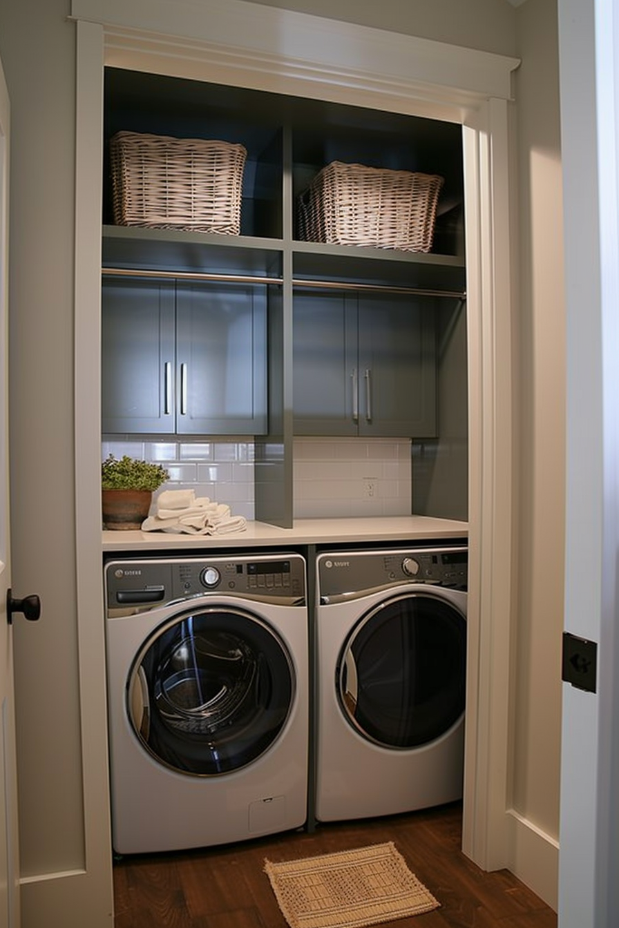Modern laundry room with front-loading washer and dryer, cabinets with wicker baskets above, and a beige rug on the floor.