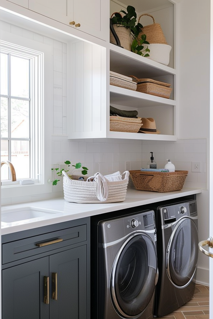 Modern laundry room with white shelving, baskets, a sink, and dark grey front-load washer and dryer.