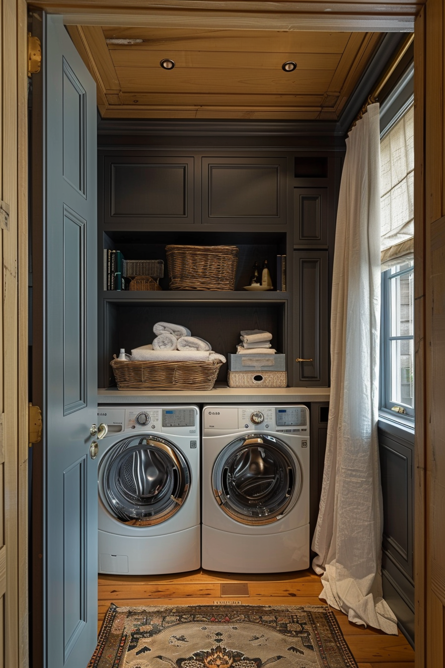 Cozy laundry closet with modern appliances, wooden shelves storing baskets and linen, and patterned rug on the floor.