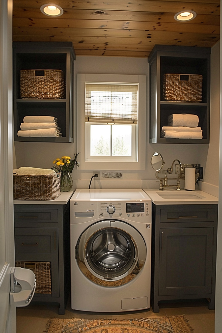 Cozy laundry room with a washer, storage cabinets, towels, and a window with blinds.