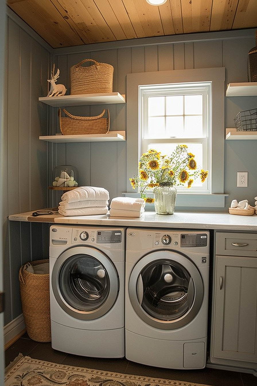Cozy laundry room interior with modern appliances, wooden accents, and a vase of sunflowers on the counter by the window.