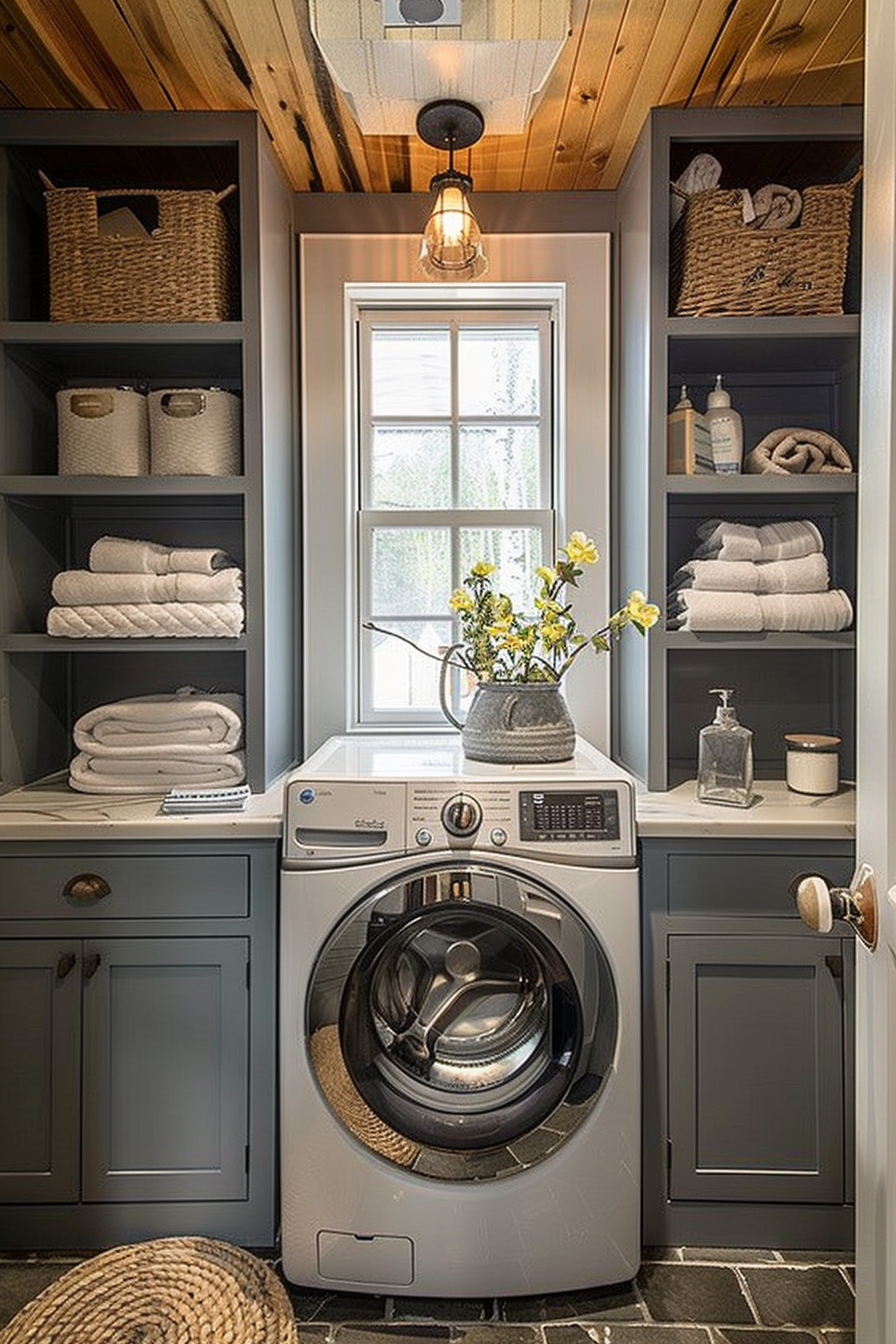 Cozy laundry nook with gray cabinetry, stacked towels, woven baskets, front-load washer, and pendant light above a window.