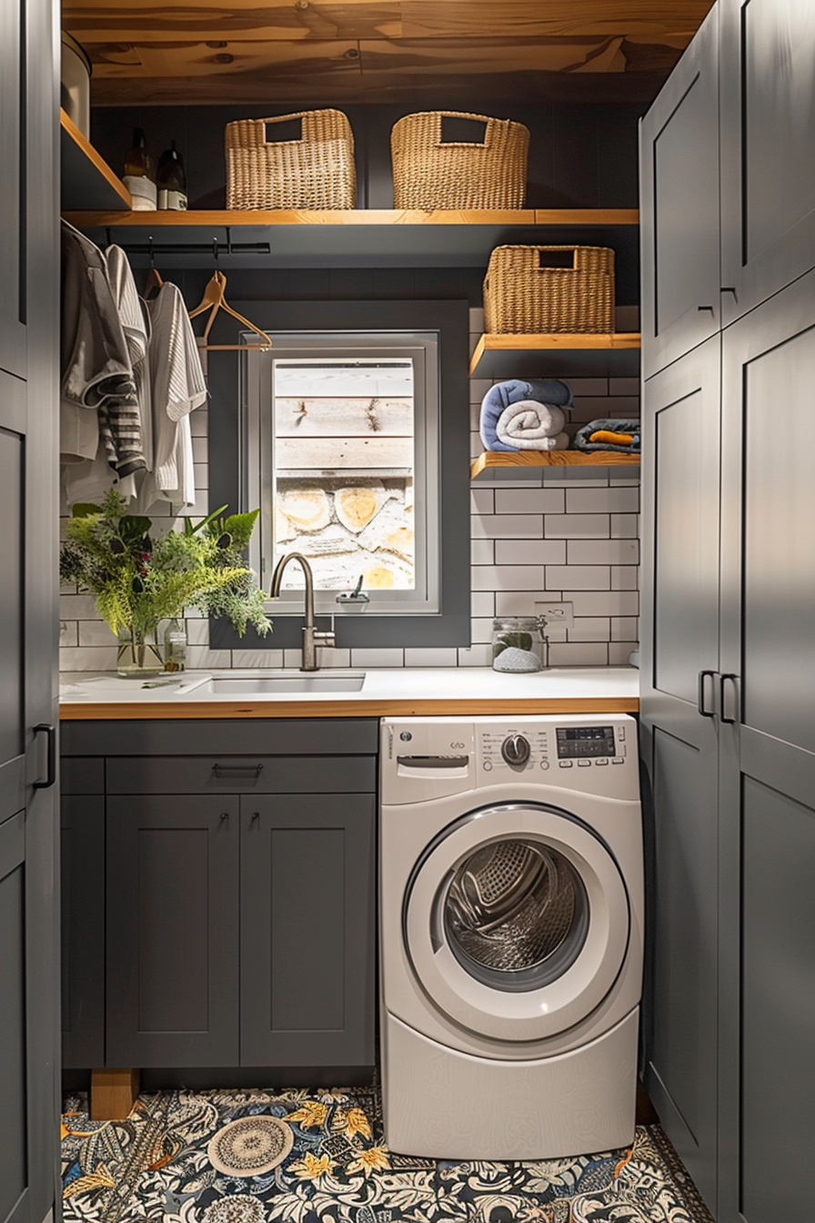 Modern laundry room with dark gray cabinetry, washing machine, patterned floor, and storage baskets on wood shelves.