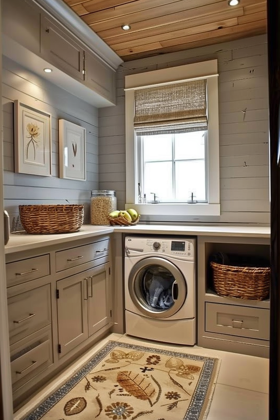 Cozy laundry room with wood ceiling, beige cabinets, washing machine, woven baskets, and botanical art.