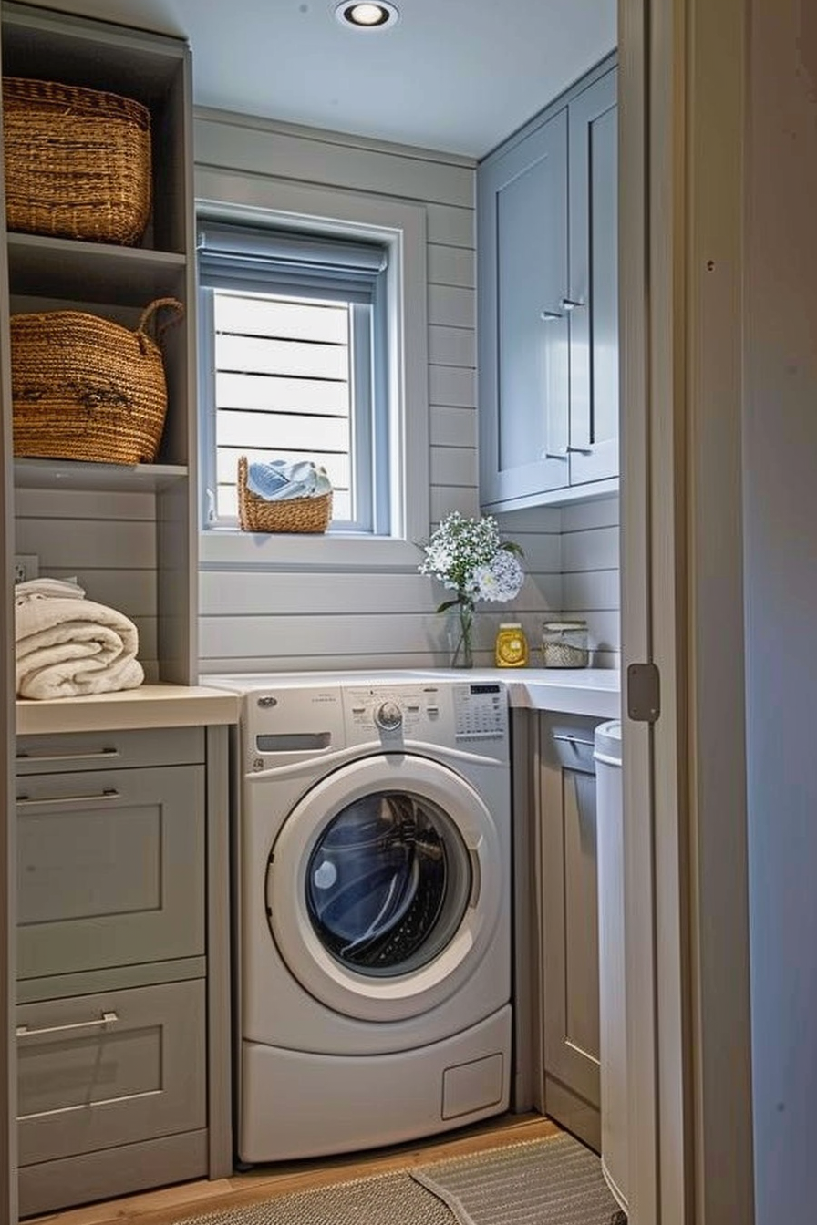 A cozy laundry nook with a front-load washer, built-in cabinets, wicker baskets, and a window letting in natural light.