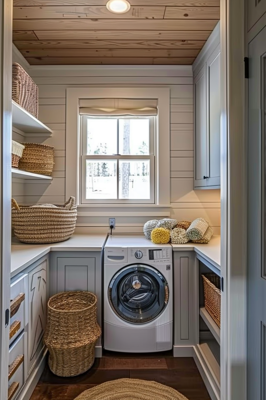 Cozy laundry room with a front-loading washer, woven baskets on shelves, and a window overlooking snowy trees.