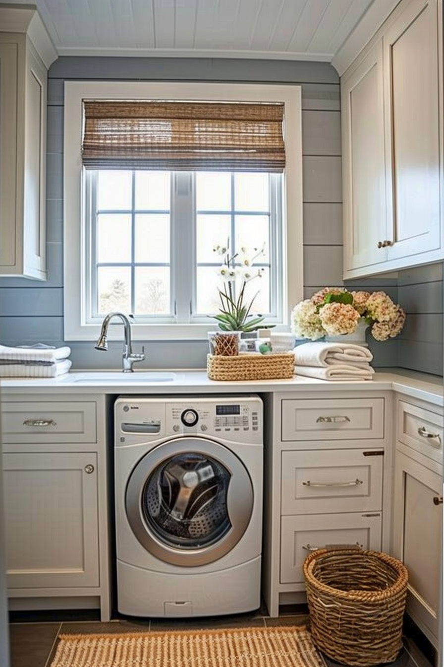 Cozy laundry room with a front-loading washing machine, white cabinets, a sink, and a natural light-filled window with a bamboo shade.