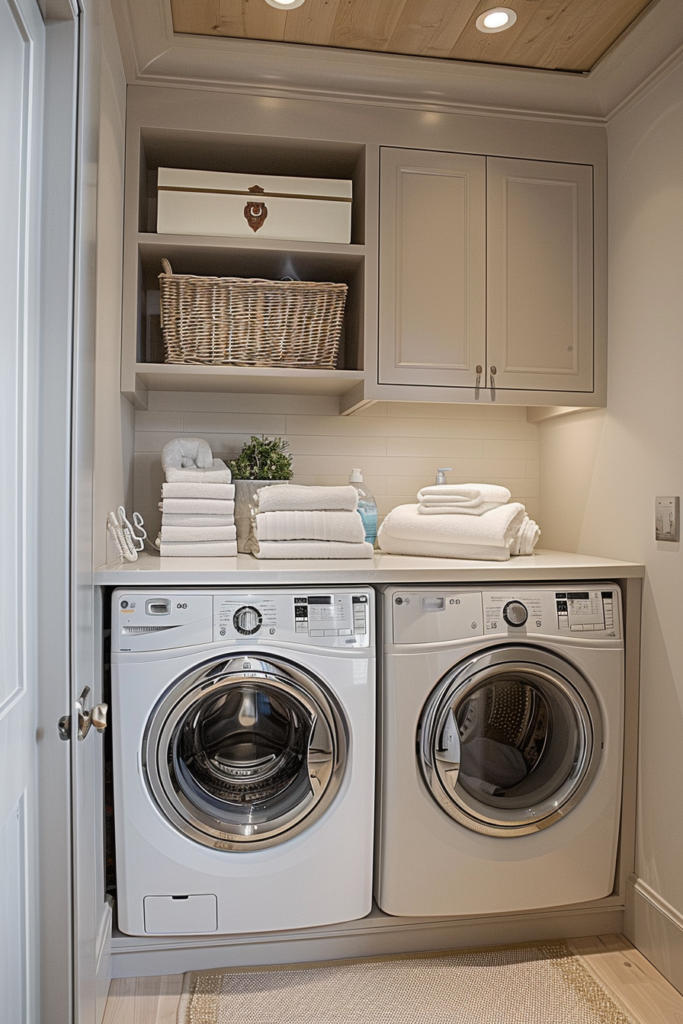 A modern laundry room with stacked washer and dryer, shelves with baskets and neatly folded towels, under cabinet lighting.