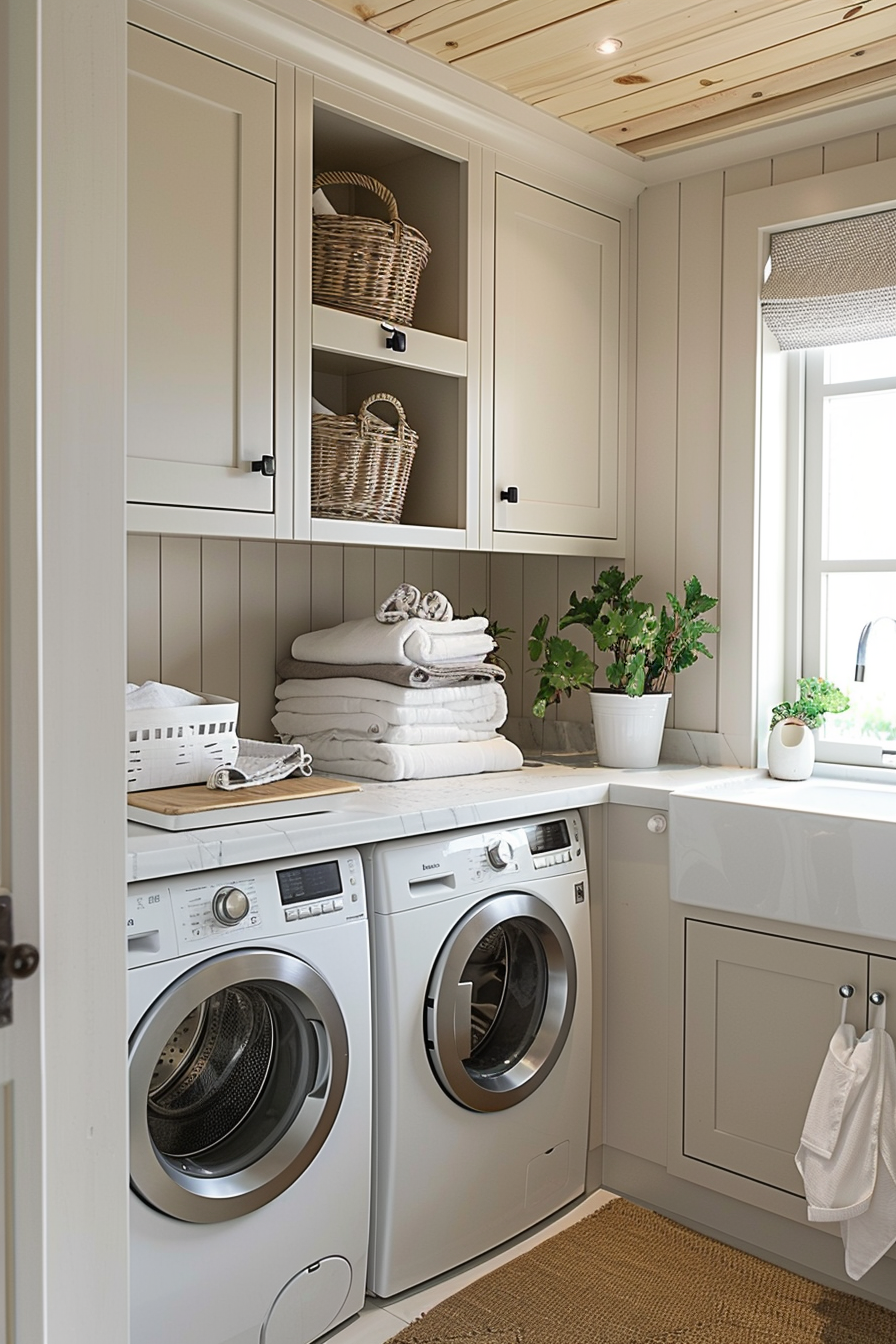 A cozy laundry room with a washer, dryer, open shelves with baskets, folded towels, and potted plants.