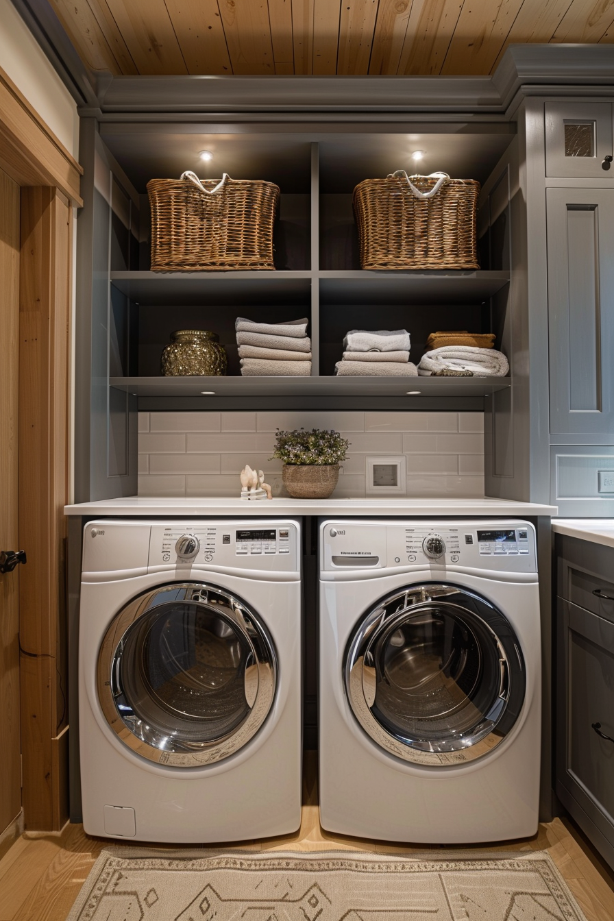 A cozy laundry room with a wooden ceiling, gray cabinets, wicker baskets, front-loading washer and dryer, and a decorative rug.