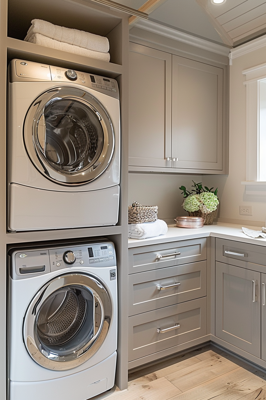 A modern laundry room with stacked washer and dryer, grey cabinetry, and decorative plants on the countertop.