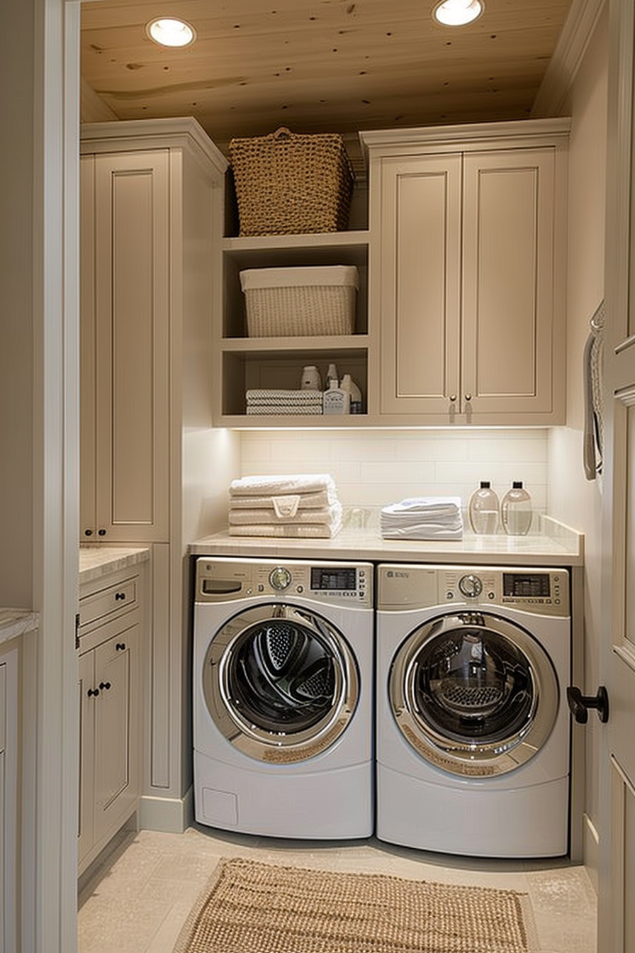 A cozy laundry room with modern washer and dryer, beige cabinetry, wooden ceiling, and neatly organized shelves.