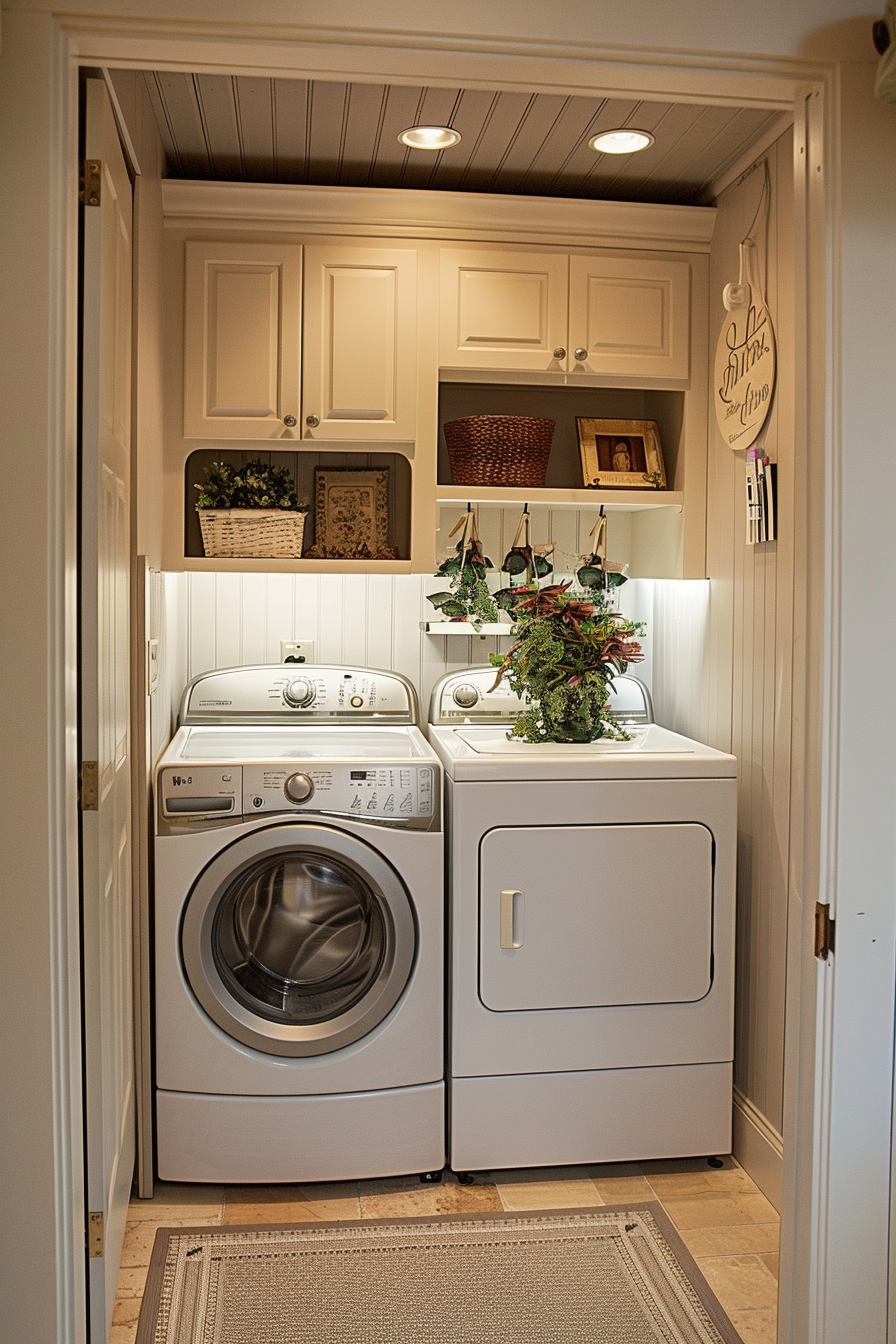 A cozy laundry room with a washing machine, dryer, overhead cabinets, and decorative items on shelves.