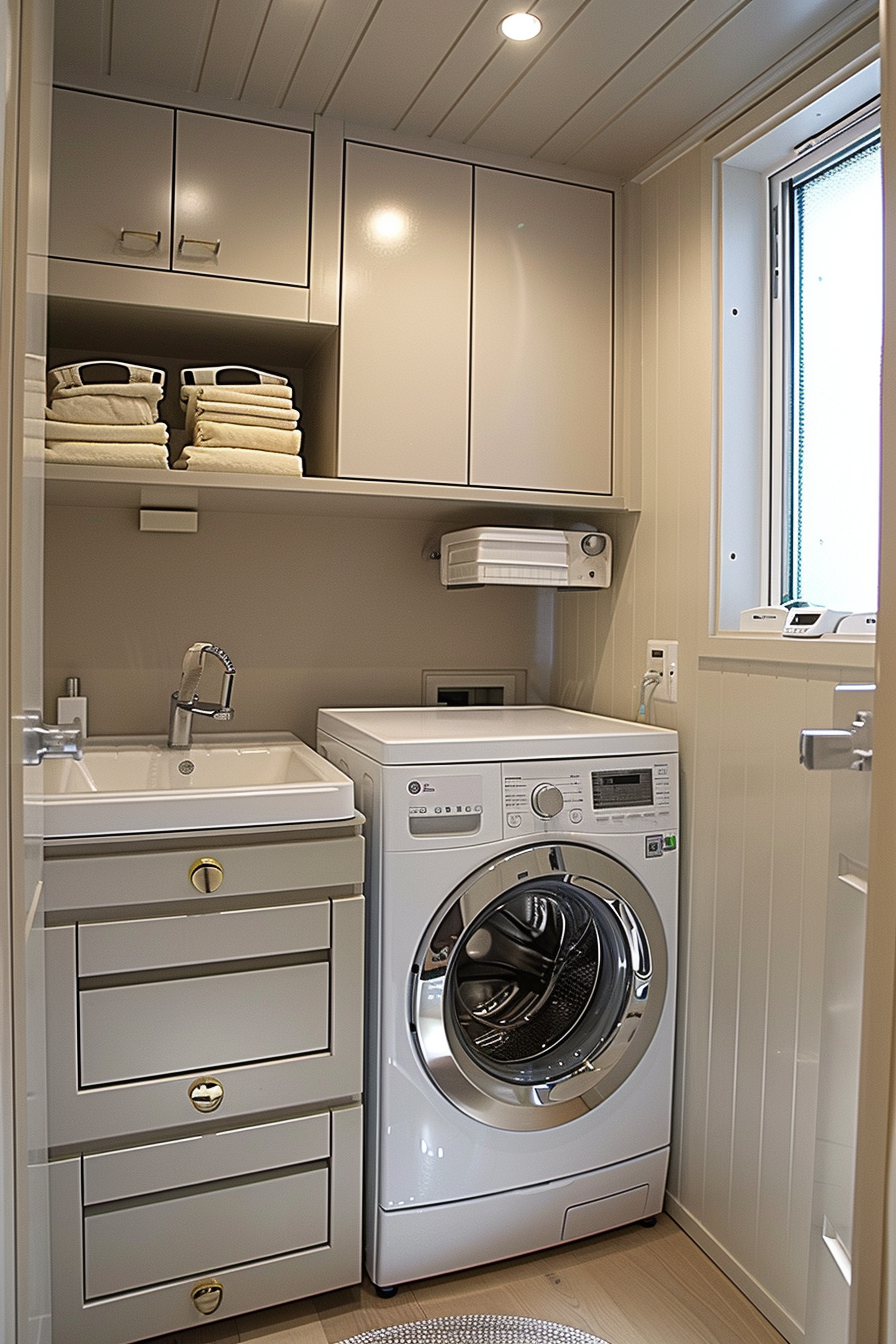 A modern laundry room with washer, sink, cabinets, and folded towels on shelves.