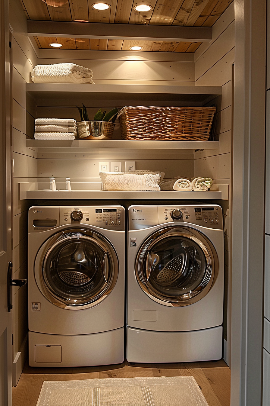 Modern laundry room with stacked shelves, towels, woven baskets, and front-loading washer and dryer under warm lighting.