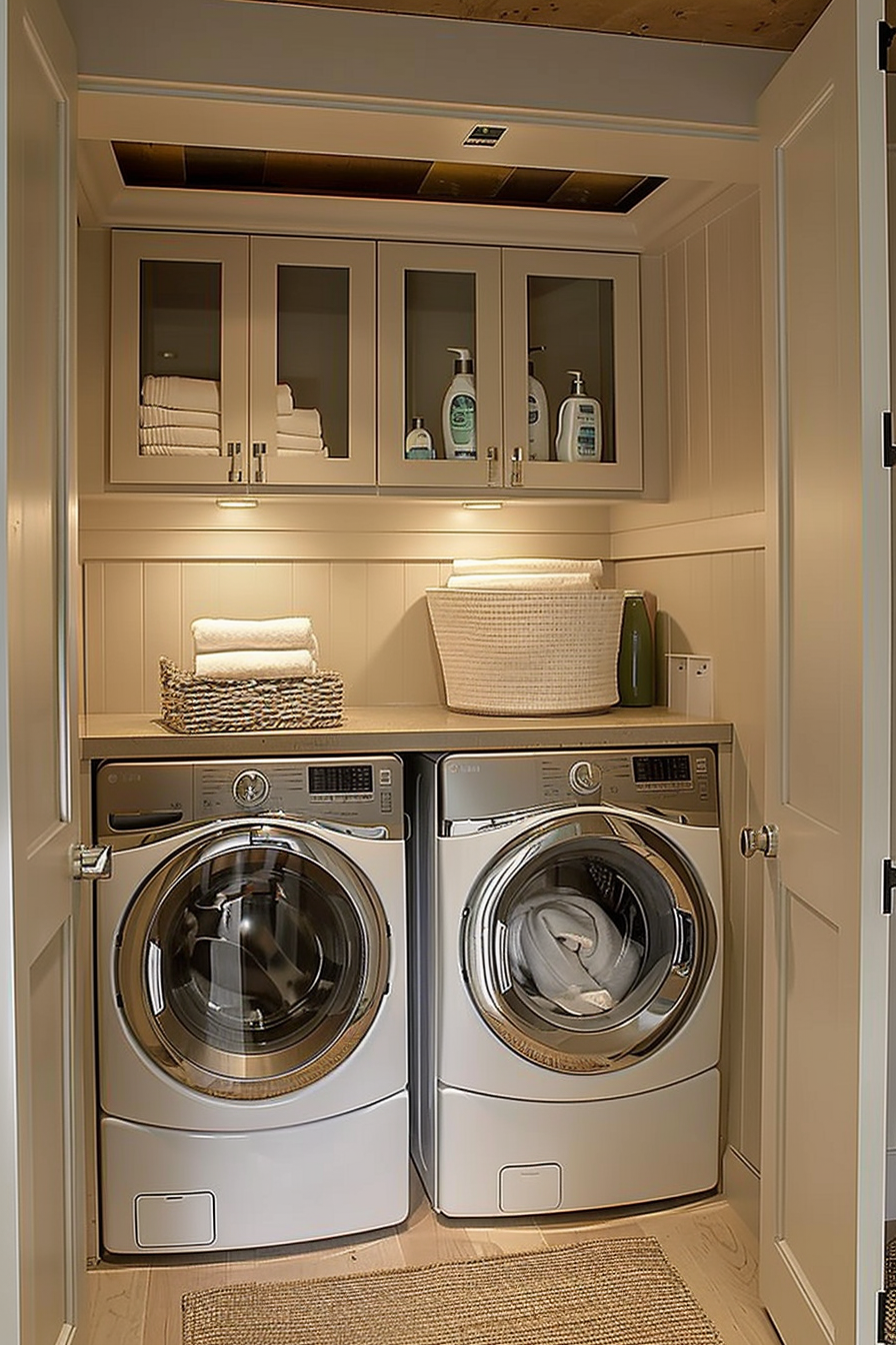 A cozy laundry closet with a stacked washer and dryer, wooden shelves holding towels and cleaning products, and warm lighting.