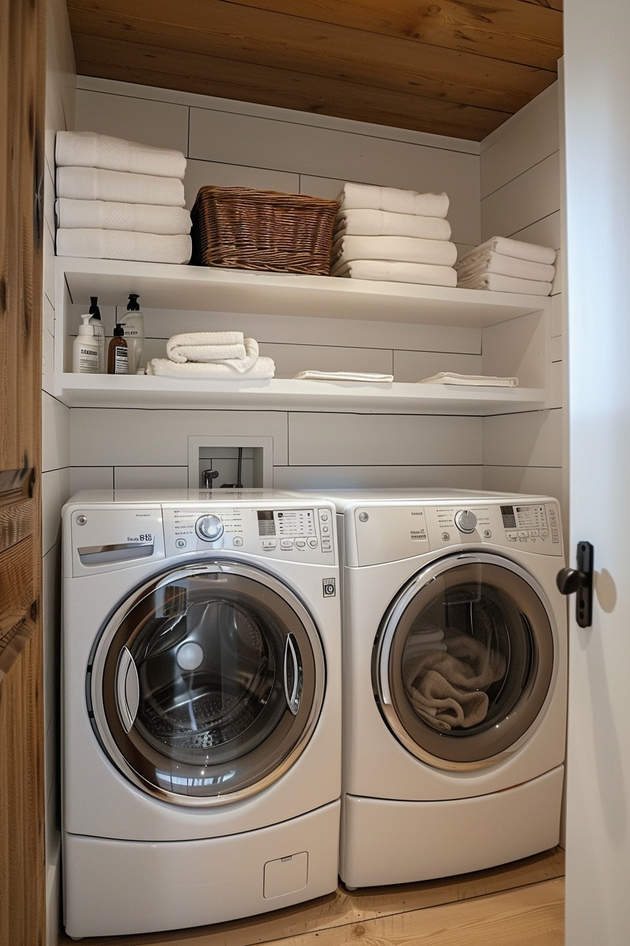 A modern laundry room with a washer and dryer stacked below white shelving holding towels and a basket.