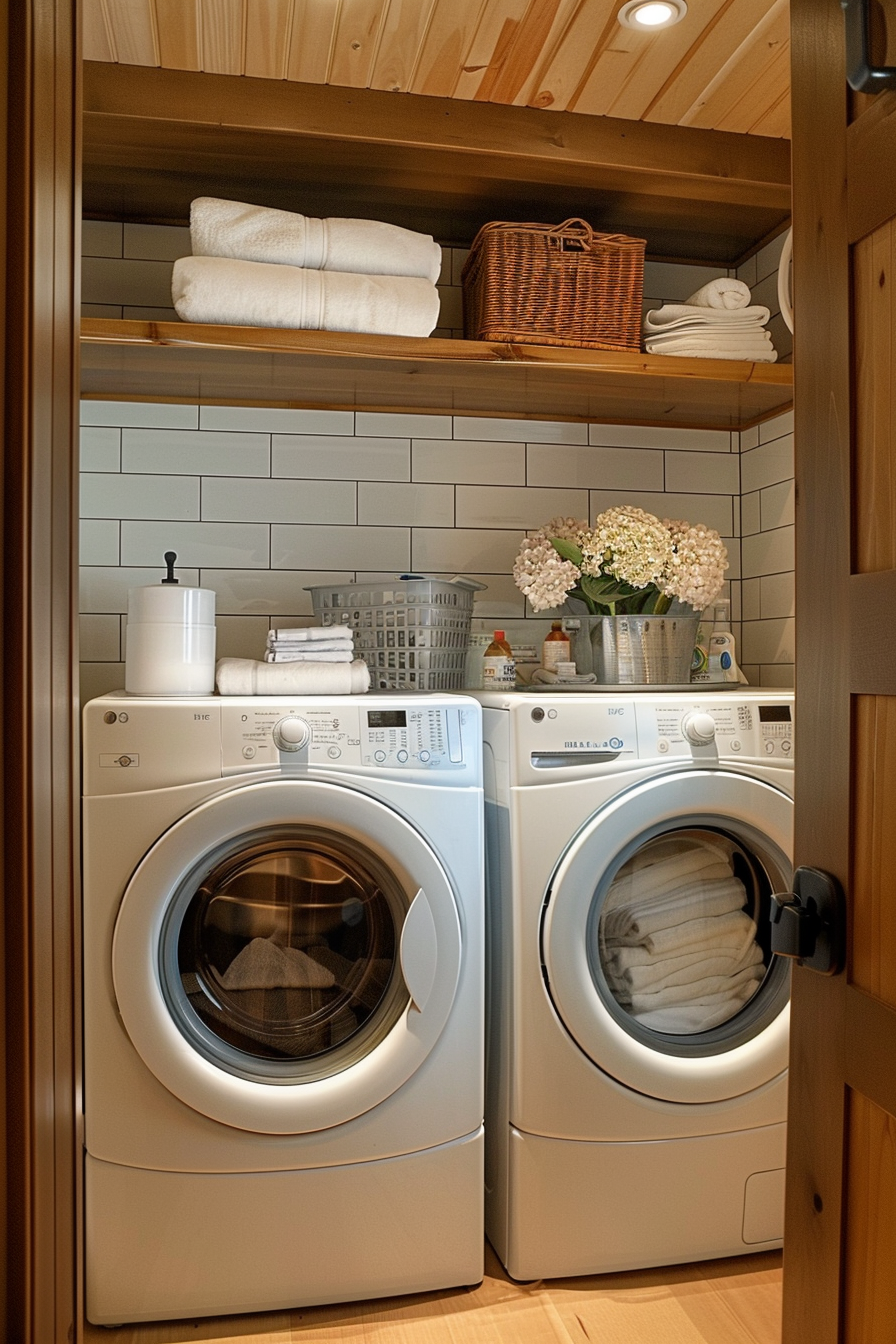 Cozy laundry room with modern washer and dryer, wooden shelves with towels and baskets, and fresh flowers on top of appliances.